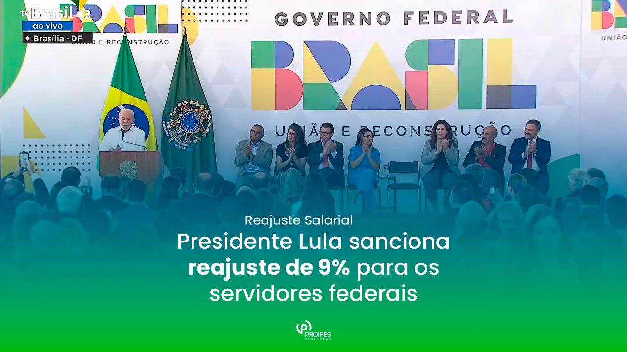 Card do PROIFES-Federação com imagem da reunião que sancionou o PLN 02/2023 de reajuste salarial dos servidores públicos federais